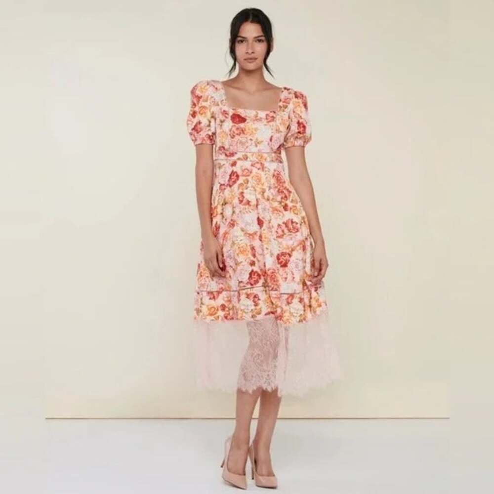 [Rachel Parcell] Pink Rose Floral Puff Sleeve Lace Trim Spring Midi Dress NWT 8